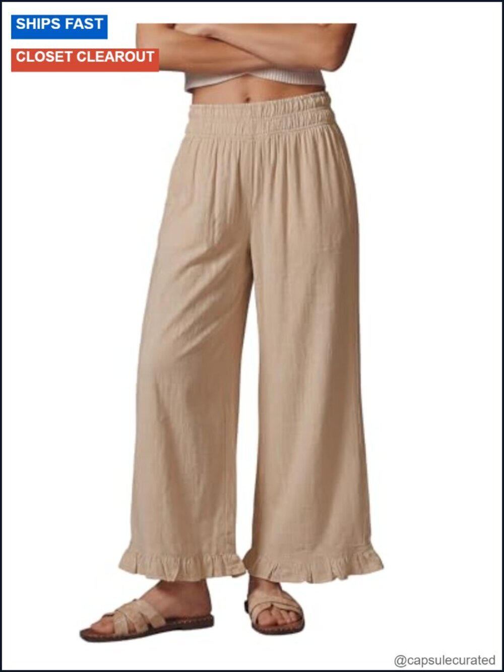 Linen Wide Leg Pants High Waisted Elastic Waist Ruffle Hem Pull On Casual Summer